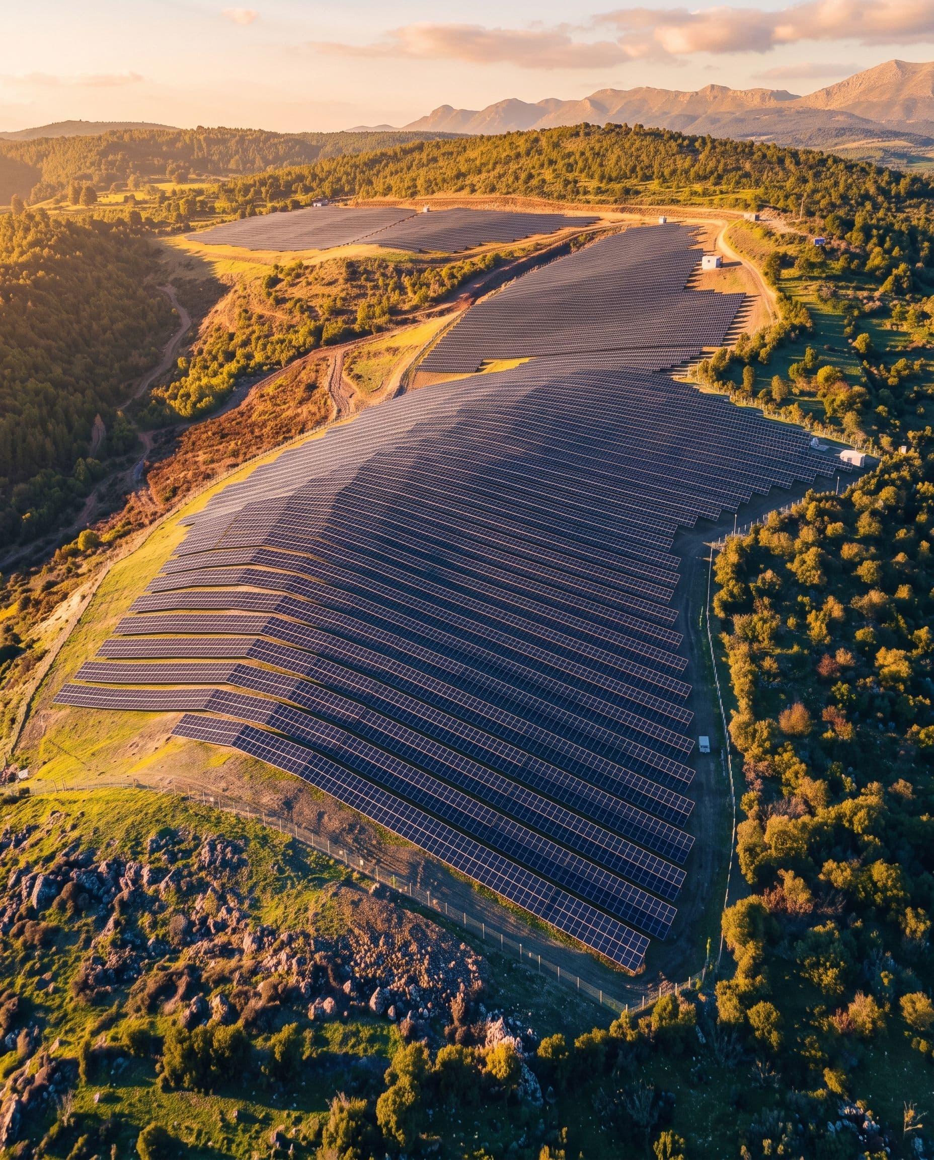 Rows of solar panels covering a hillside at sunset