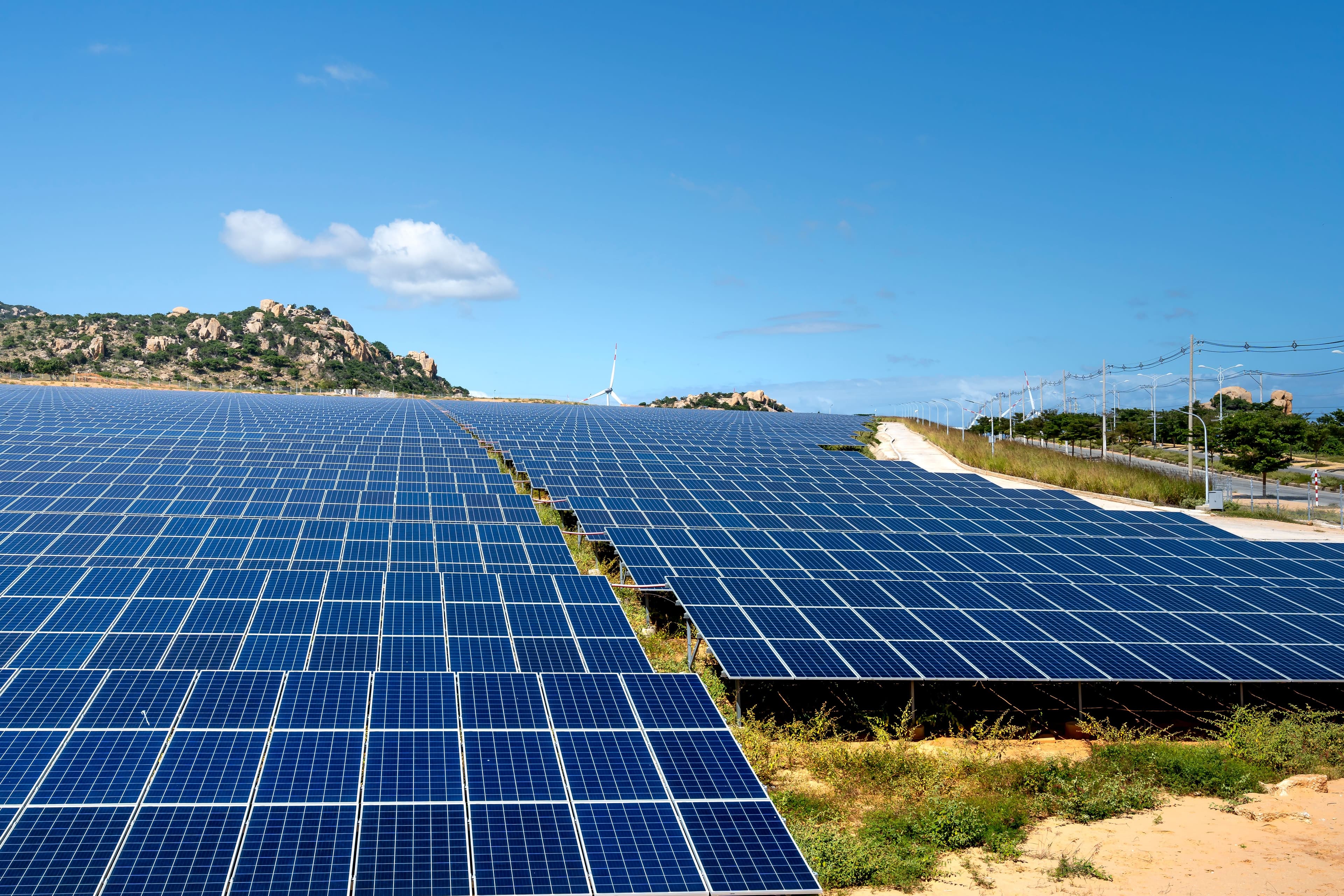 A solar farm running to the horizon under a clear sky